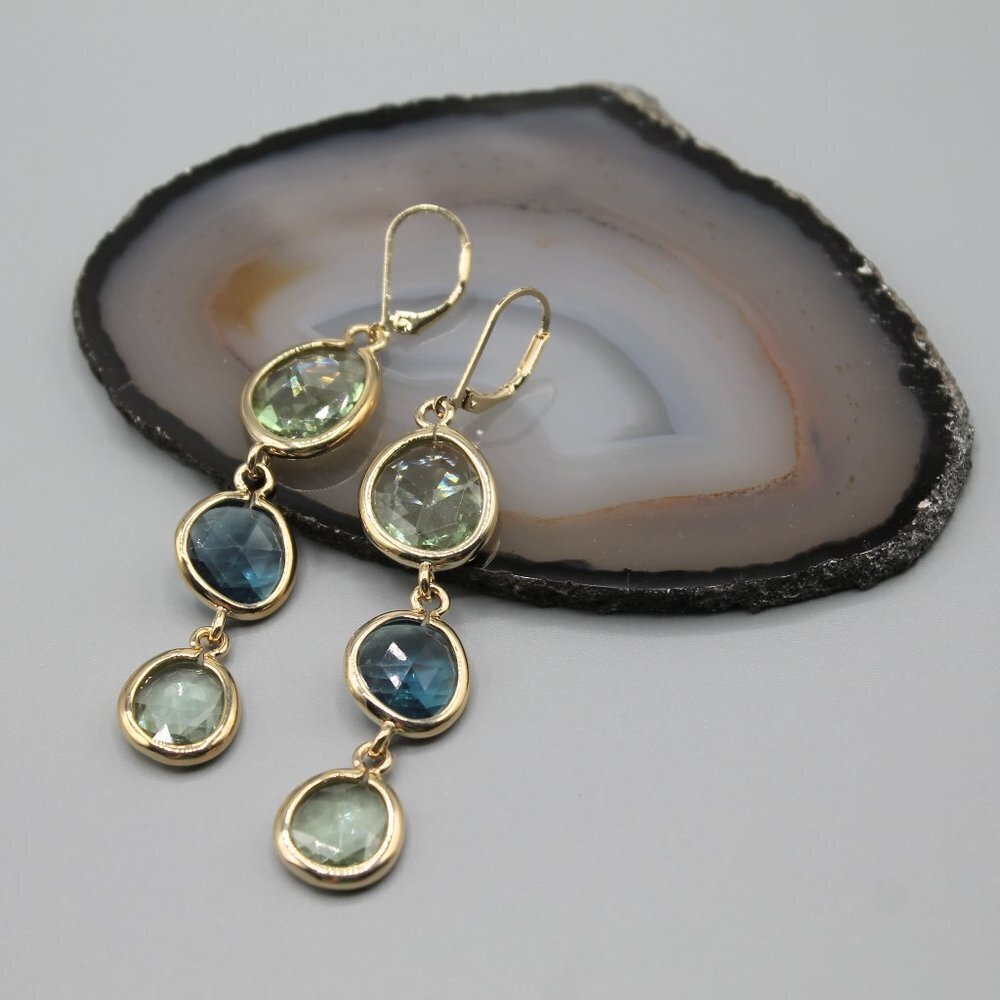 Jewelry earrings long dangle yellow gold blue stones elegant beautiful new - Picture 6 of 12